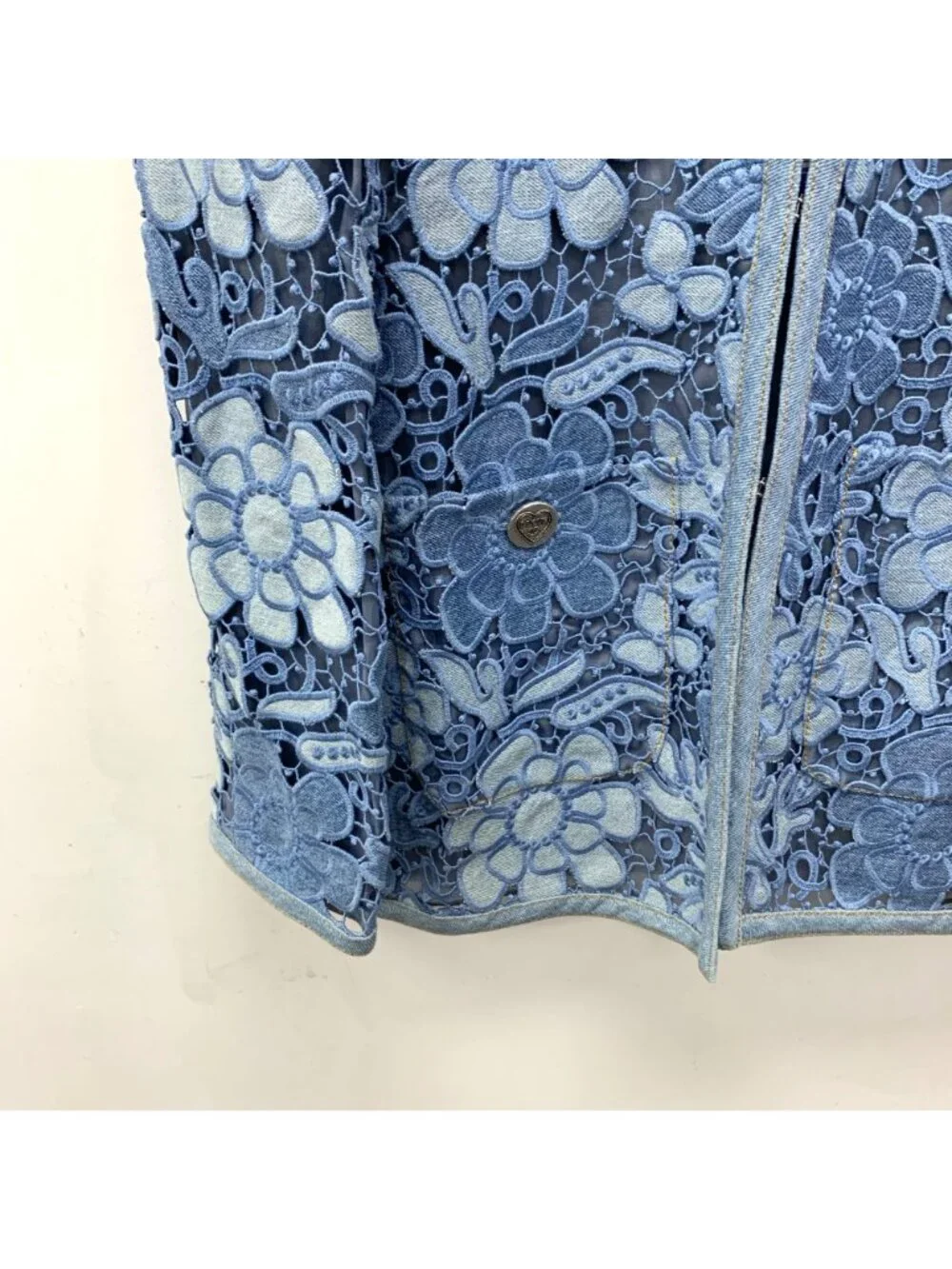 Chanel Blue Camellia Lace Embroidered Cotton Jacket